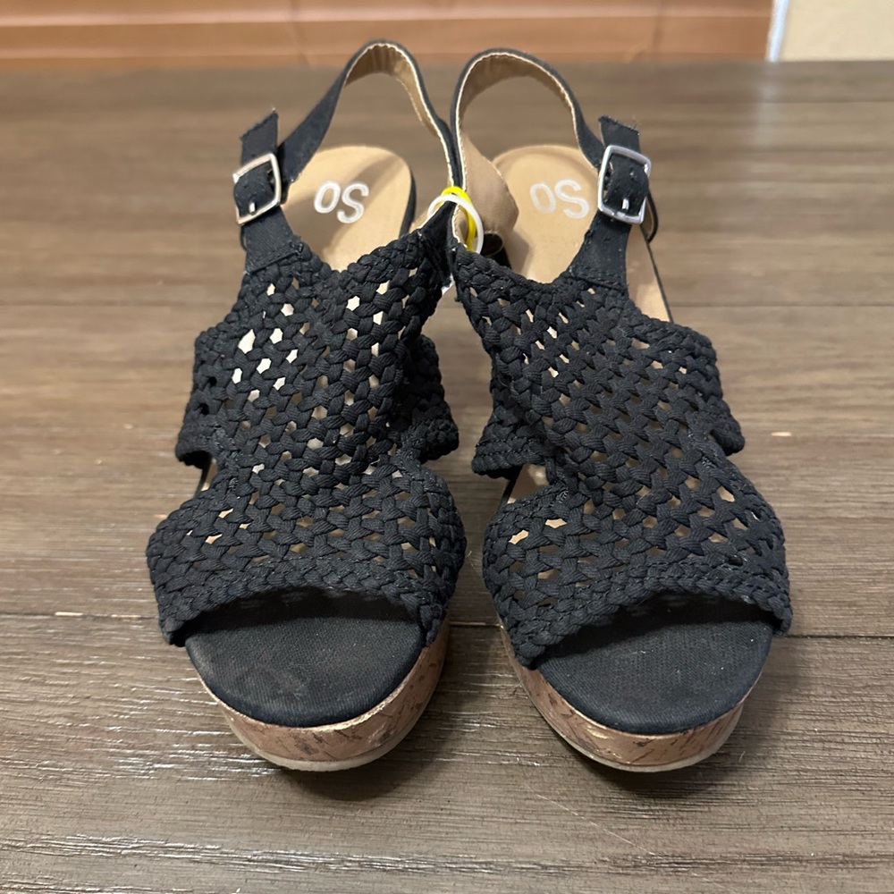 SO Black Woven Women's Wedge Peep Toe Sandals